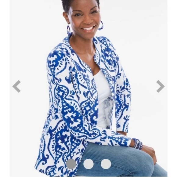 Chico's Indigo Ink Alicia Blue White Ikat Print Jacket Blazer - Picture 10 of 16